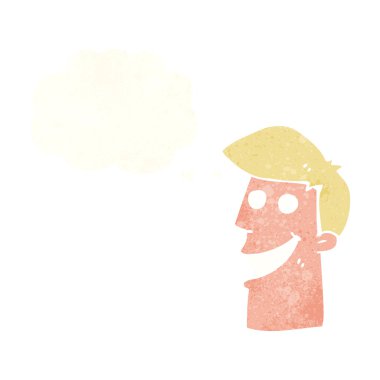 Düşünce baloncuğu ile sırıtan çizgi film adamı.