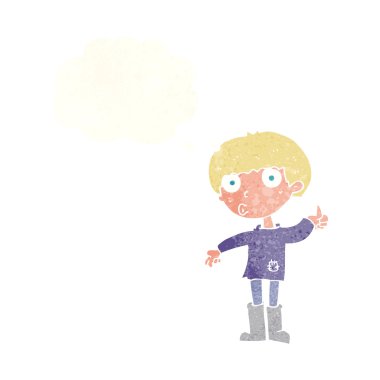 Çizgi filmci çocuk düşünce balonuyla soru soruyor.