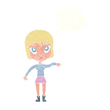 Düşünce baloncuğuyla el sallayan çizgi film kadını.