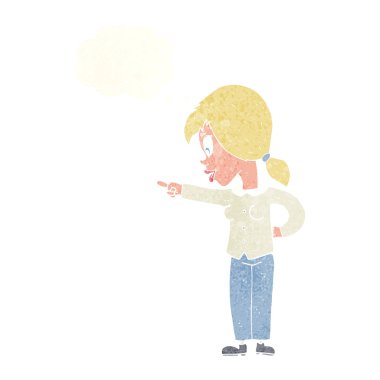 Çizgi filmlerdeki hevesli kadın düşünce balonunu işaret ediyor.