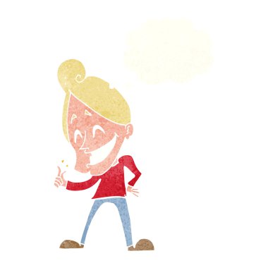 Düşünce baloncuğuyla parmaklarını şaklatan çizgi film adamı.