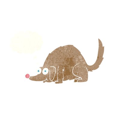 Düşünce baloncuklu mutlu bir köpek.