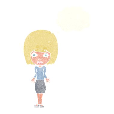 Çizgi filmdeki kadın düşünce balonuyla omuz silkiyor.