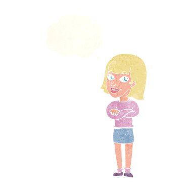 çizgi film mutlu kadın düşünce baloncuğuyla bakıyor