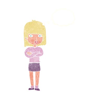 Düşünce baloncuğu olan sabırsız kadın.