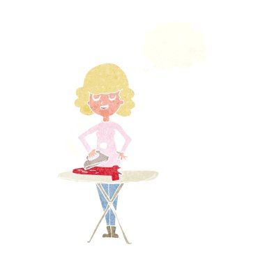 Düşünce baloncuğuyla ütü yapan çizgi film kadını.