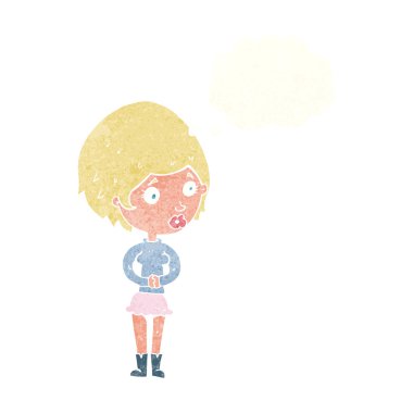 Düşünce baloncuğu olan endişeli kadın çizgi filmi