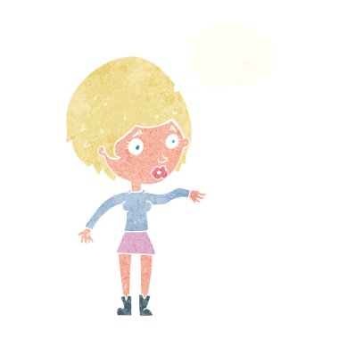 Düşünce baloncuğuna uzanan endişeli kadın çizgi filmi