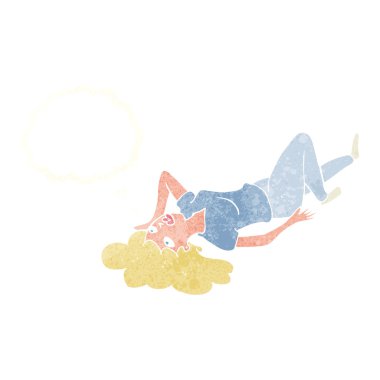 Çizgi filmdeki kadın düşünce baloncuğuyla yerde yatıyor.