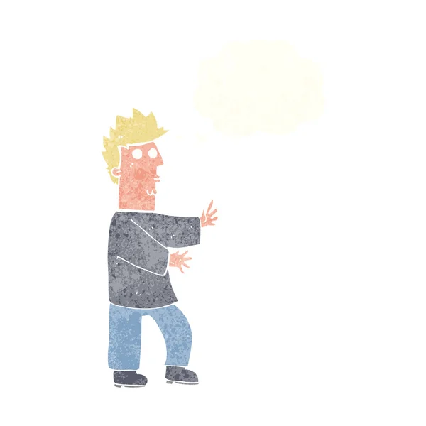 Hombre nervioso de dibujos animados ondeando con burbuja de pensamiento — Vector de stock