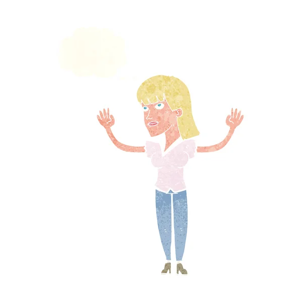 Mujer de dibujos animados lanzando las manos en el aire con burbuja de pensamiento — Archivo Imágenes Vectoriales