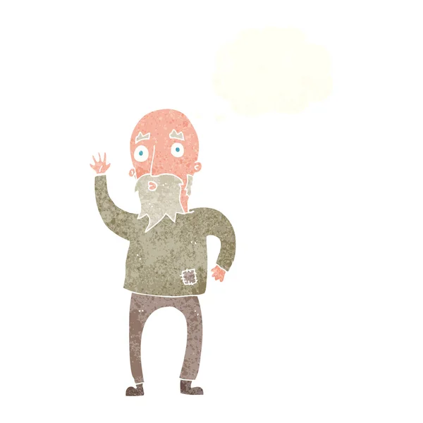 Desenho animado velho homem acenando com bolha de pensamento — Vetor de Stock