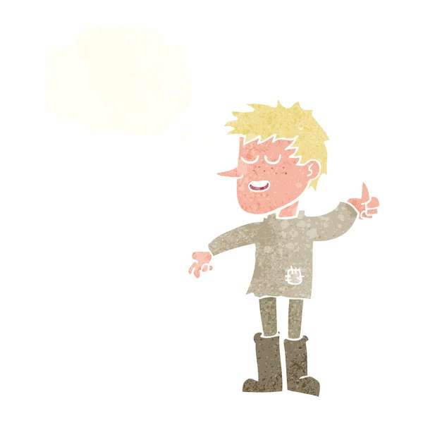 Dessin animé pauvre garçon avec attitude positive avec bulle de pensée — Image vectorielle