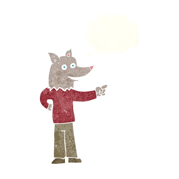 Hombre lobo de dibujos animados apuntando con burbuja de pensamiento — Vector de stock