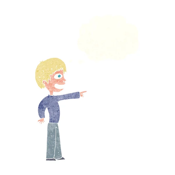 Tecknad grinande pojke pekar med tanke bubbla — Stock vektor