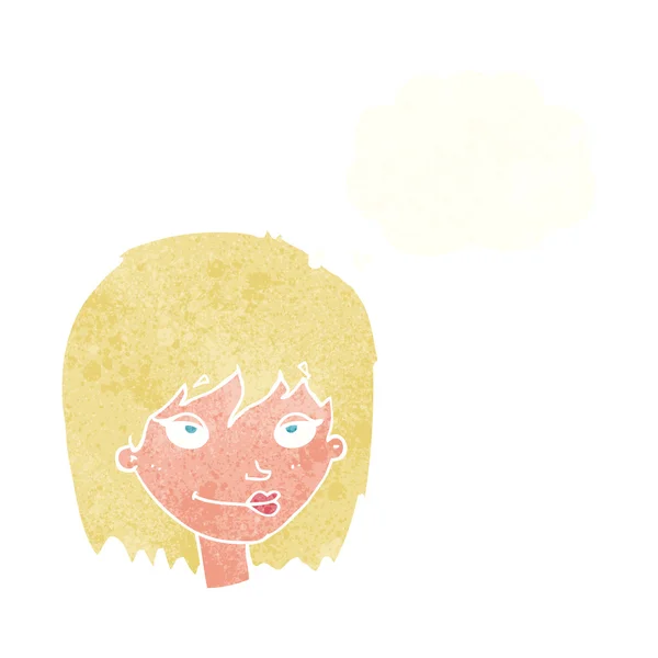 Cartone animato donna sorridente con bolla di pensiero — Vettoriale Stock