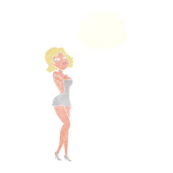 Dessin animé femme attrayante en robe courte avec bulle de pensée — Image vectorielle