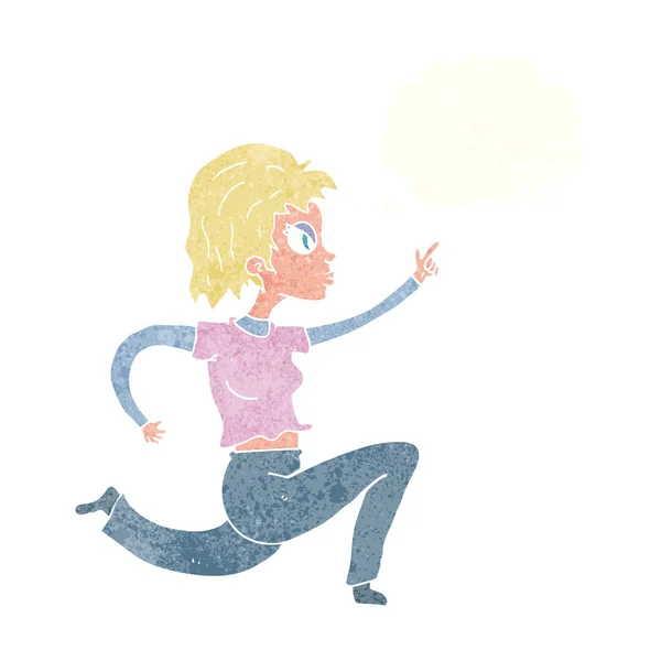 Mujer de dibujos animados corriendo y señalando con burbuja de pensamiento — Vector de stock