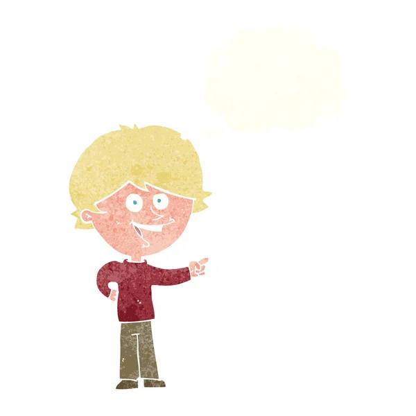 Dessin animé garçon rire et pointant avec bulle de pensée — Image vectorielle