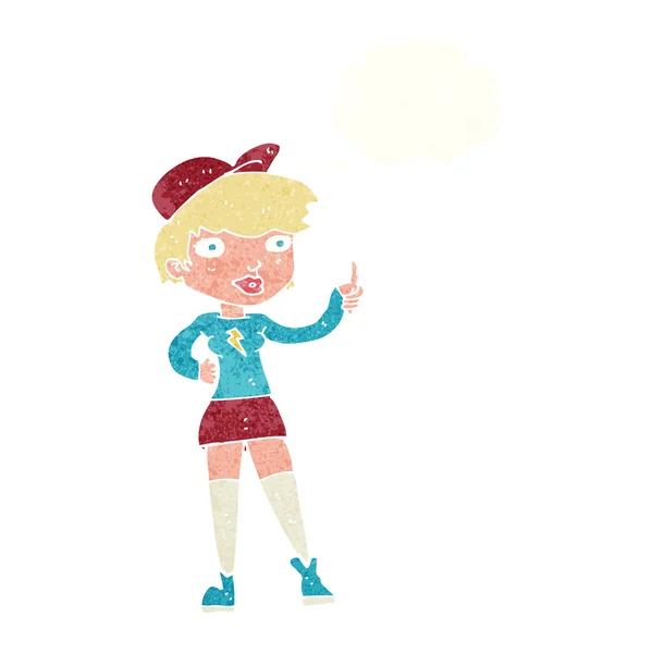 Cartoon skater meisje geven duimen omhoog symbool met gedachte zeepbel — Stockvector