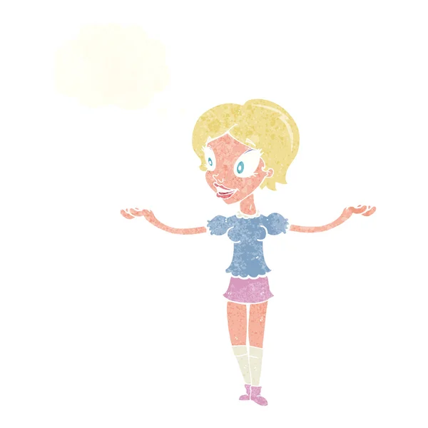 Mujer de dibujos animados con los brazos extendidos con burbuja de pensamiento — Vector de stock