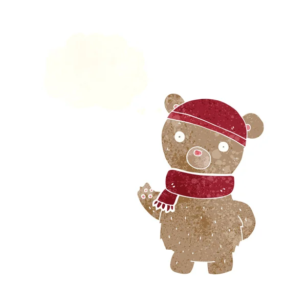 Cartoon teddy bear in winter hat and scarf with thought bubble — Stock Vector