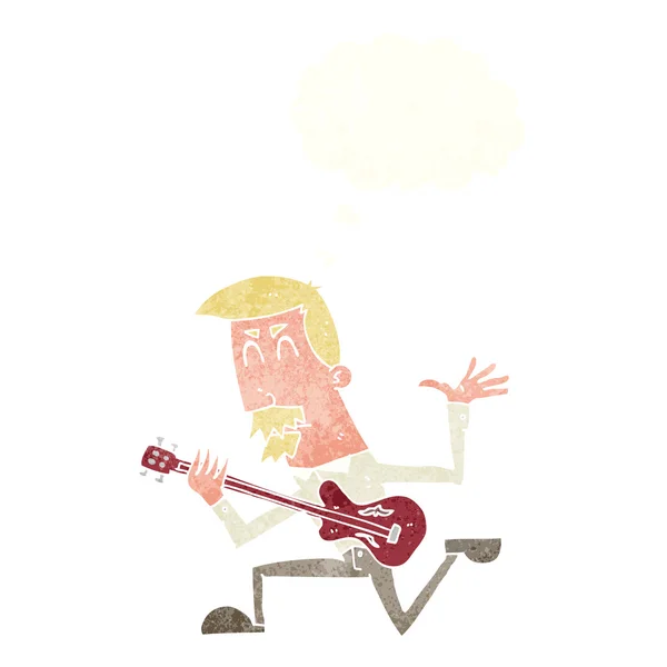 Cartoon man spelen elektrische gitaar met gedachte zeepbel — Stockvector