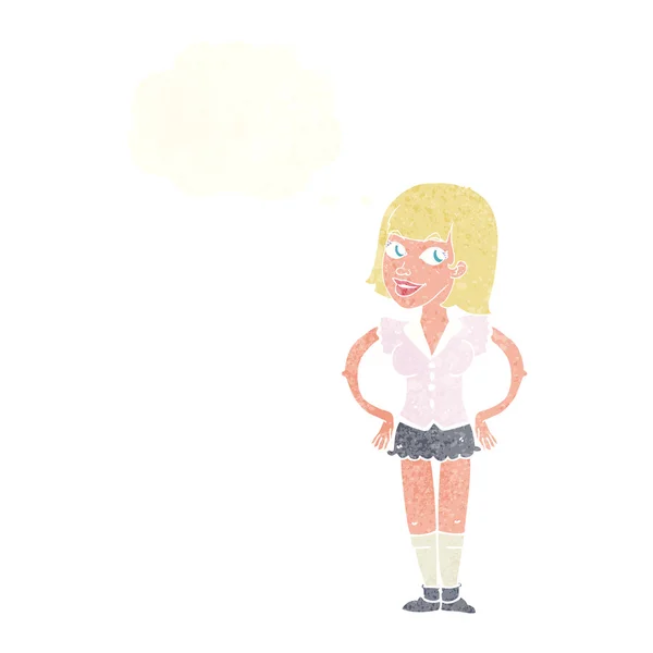 Femme dessin animé avec les mains sur les hanches avec bulle de pensée — Image vectorielle