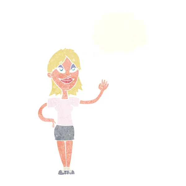 Mujer de dibujos animados ondeando con burbuja de pensamiento — Archivo Imágenes Vectoriales