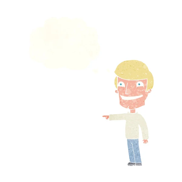 Karikatur glücklicher Mann zeigt mit Gedankenblase — Stockvektor