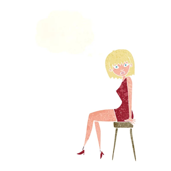 Kreslená žena sedící na stoličce s myšlenkovou bublinou — Stockový vektor