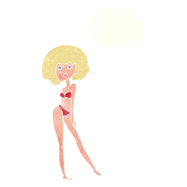Mujer de dibujos animados en bikini con burbuja de pensamiento — Vector de stock