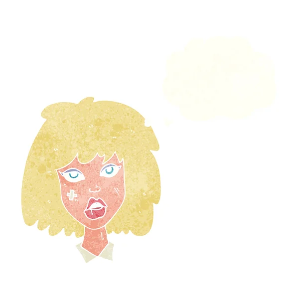 Donna cartone animato con viso ammaccato con bolla di pensiero — Vettoriale Stock