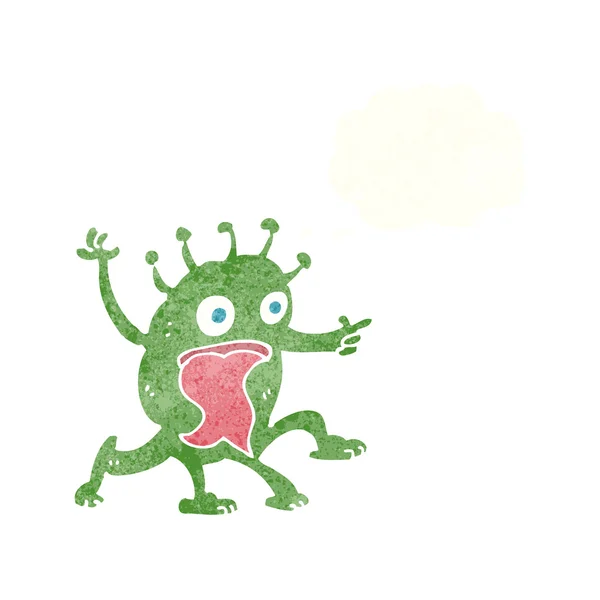 Desenho animado estranho pequeno alienígena com bolha de pensamento —  Vetores de Stock