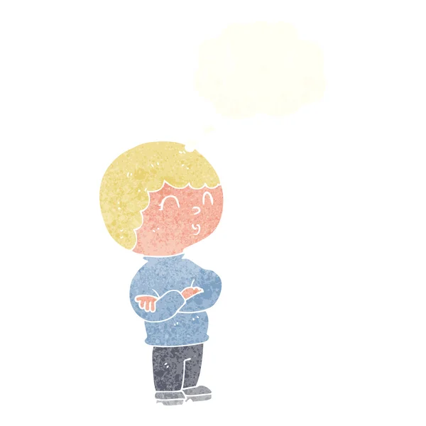 Niño de dibujos animados con brazos cruzados con burbuja de pensamiento — Vector de stock