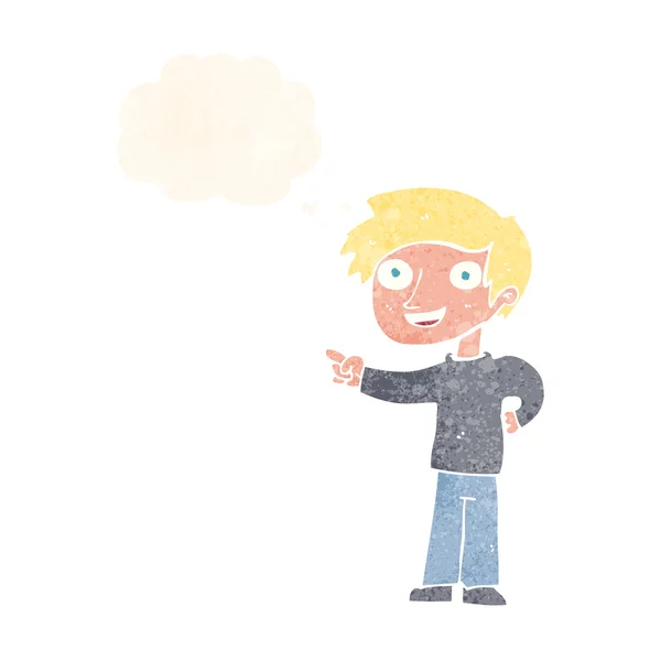 Hombre de dibujos animados apuntando con burbuja de pensamiento — Vector de stock