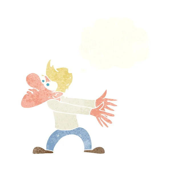 Γελοιογραφία ενοχλημένος άνθρωπος gesturing με φούσκα σκέψης — Διανυσματικό Αρχείο
