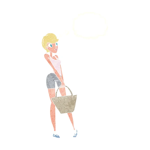 Dibujos animados mujer atractiva de compras con burbuja de pensamiento — Archivo Imágenes Vectoriales