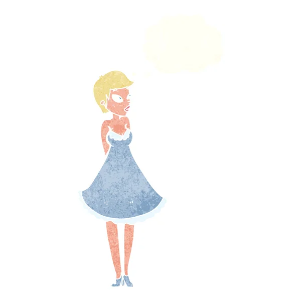 Kreslený hezká žena v šatech s myšlenkou bublina — Stockový vektor