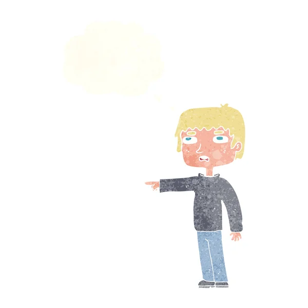 Kreslený chlapec ukazuje s myšlenkovou bublinou — Stockový vektor