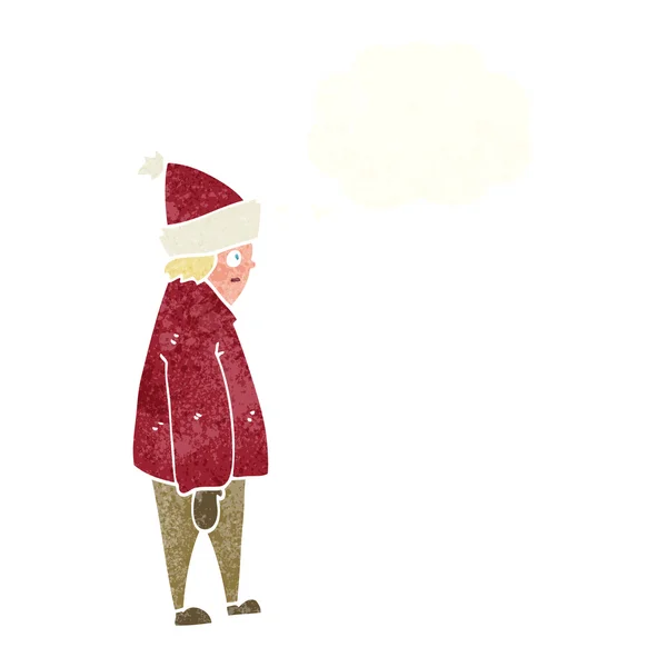 Persona de dibujos animados en ropa de invierno con burbuja de pensamiento — Vector de stock