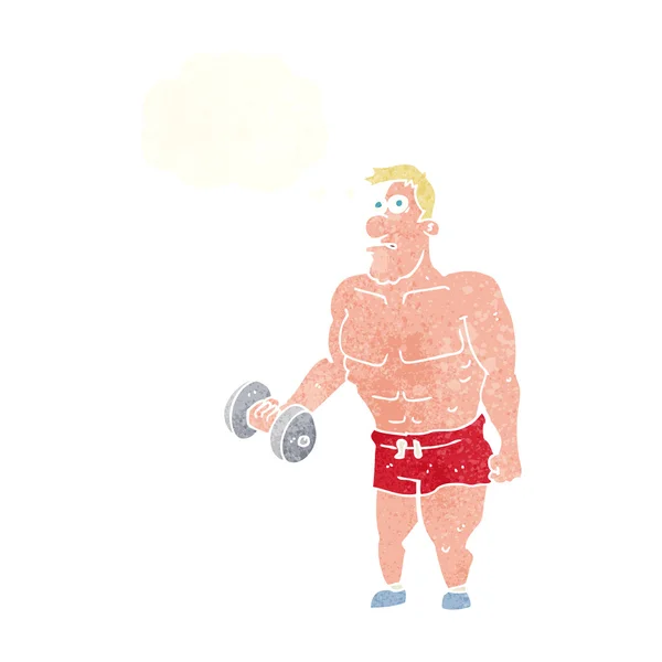 Cartoon man lifting weights with thought bubble — Stock Vector