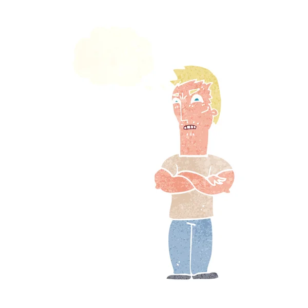 Мультфильм раздраженный человек со сложенными руками с мыслепузырем — стоковый вектор
