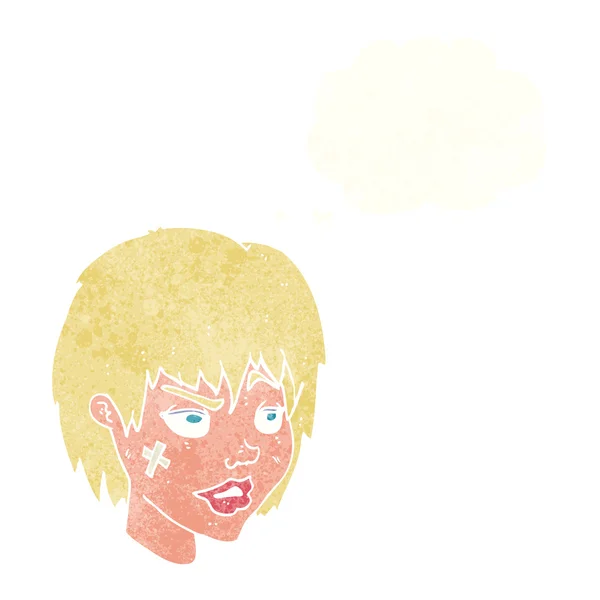 Femme dessin animé avec plâtre sur le visage avec bulle de pensée — Image vectorielle