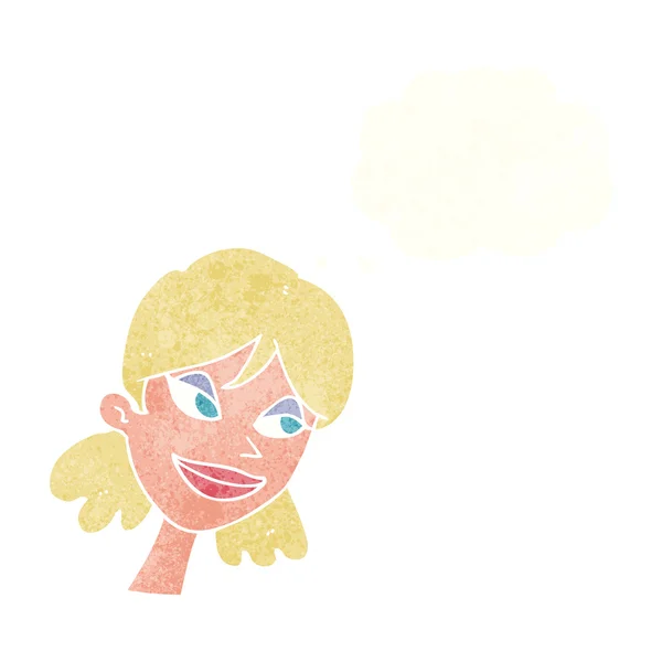 Kreslený šťastný ženský obličej s myšlenkovou bublinou — Stockový vektor