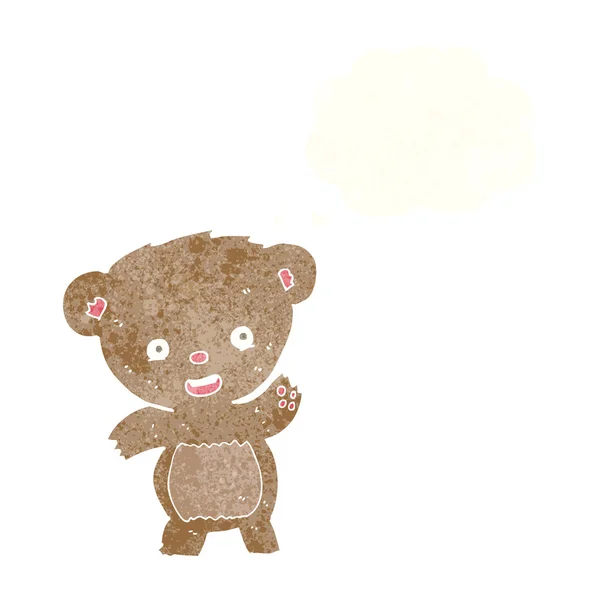 Dibujos animados ondeando oso de peluche con burbuja de pensamiento — Vector de stock