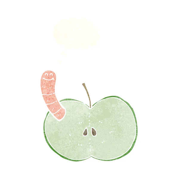 Pomme de dessin animé avec ver avec bulle de pensée — Image vectorielle