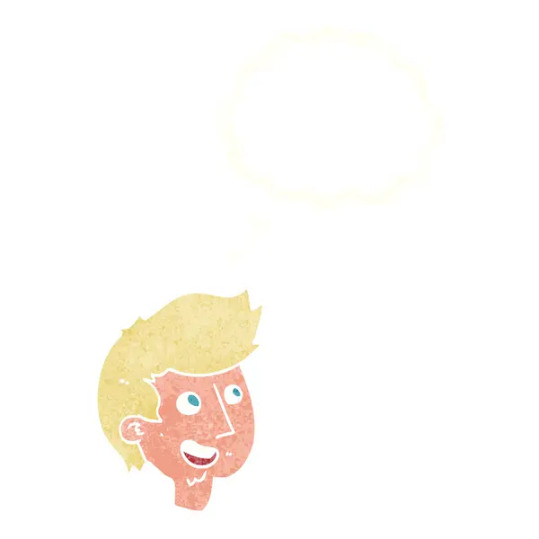 Desenho animado cara de menino feliz com bolha de pensamento — Vetor de Stock