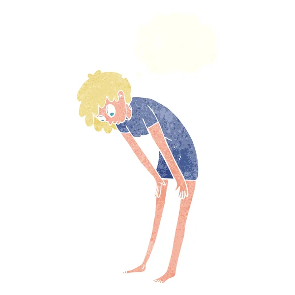 Femme dessin animé regardant ses pieds avec bulle de pensée — Image vectorielle