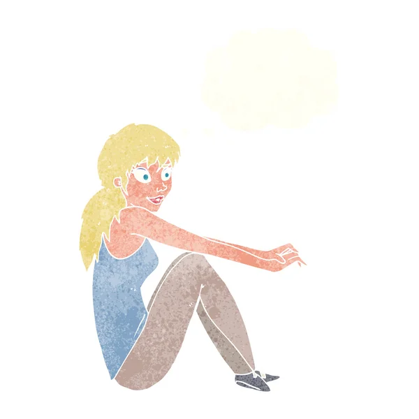 Karikatur glückliche Frau sitzt mit Gedankenblase — Stockvektor